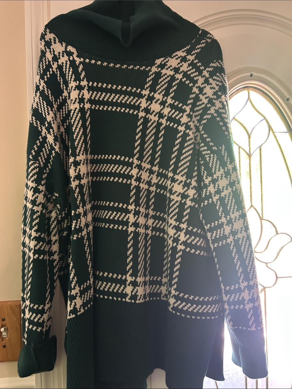 LOFT Green and White Plaid Turtleneck Sweater